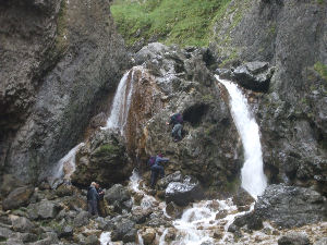 Climbing up the waterfall at Gordale Scar