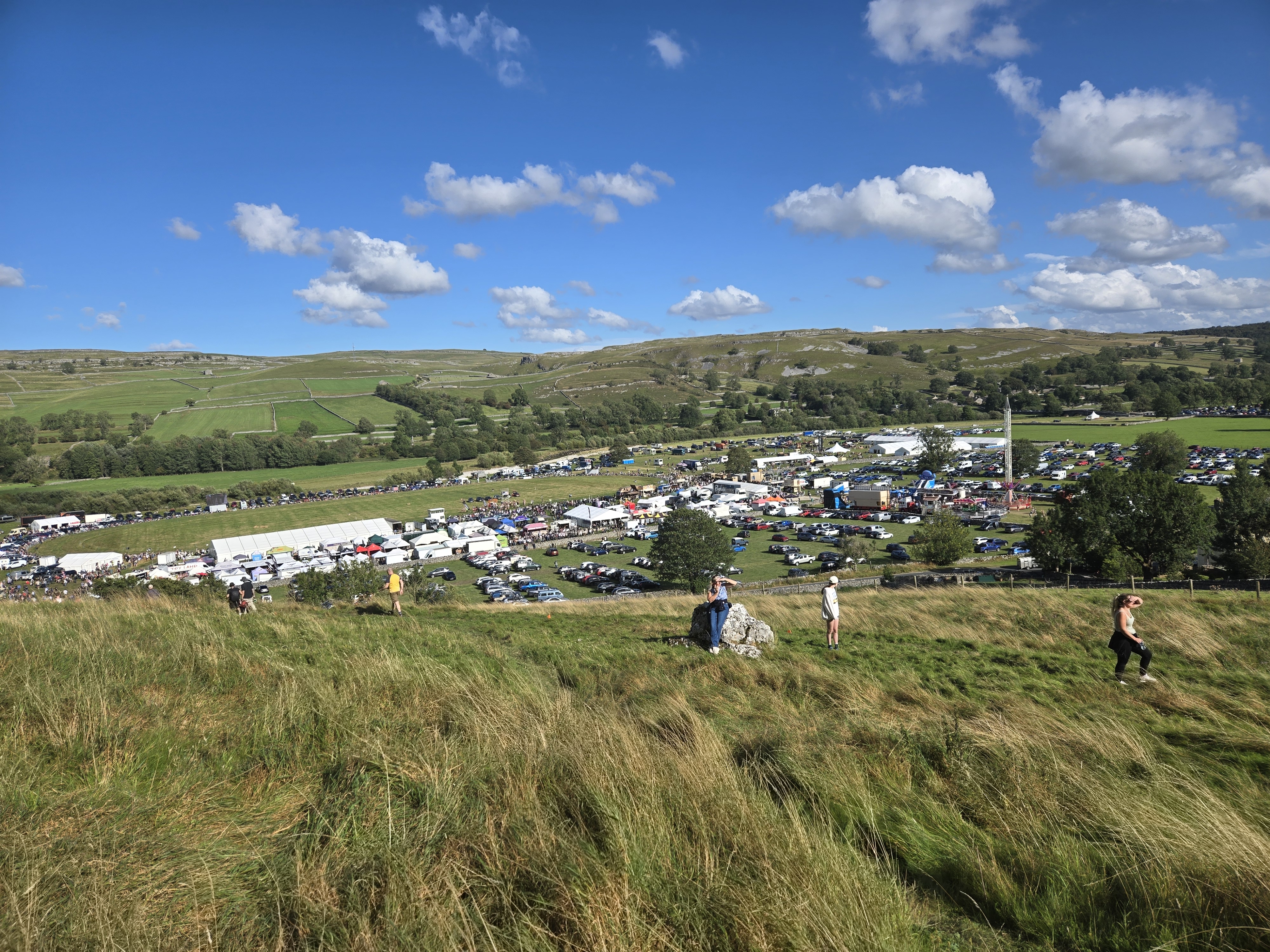 Looking down on Kilnsey showground from hill above