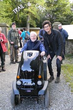 Tramper being driven by Bob Newing with Andrew Jarman, Ingleborough Cave Manager at Clapham Nature Trail entrance